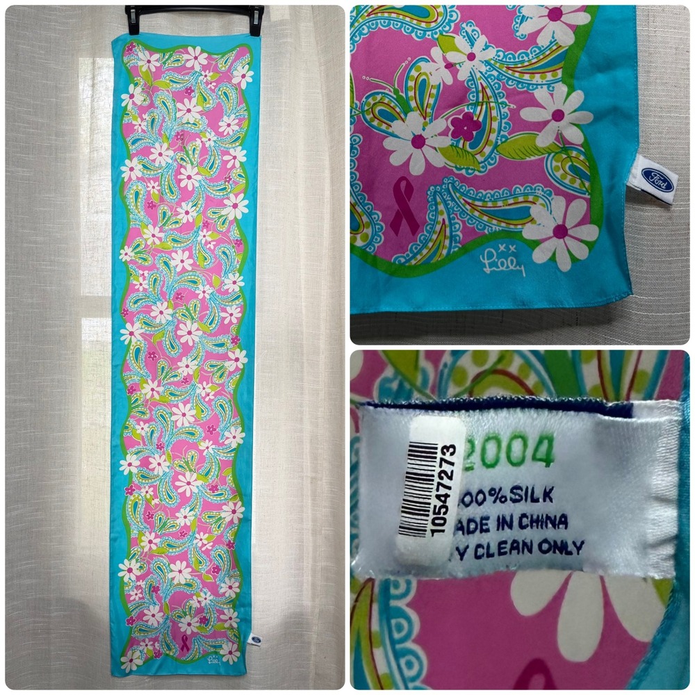 Lilly Pulitzer Ford Breast Cancer Awareness Scarf Silk Floral‎ Paisley Pink Blue